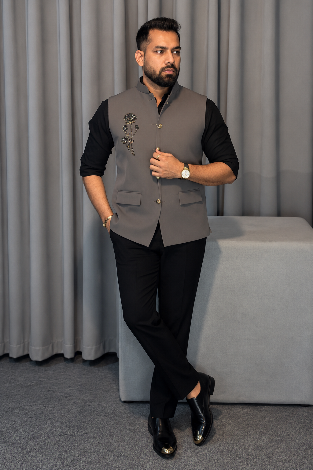 Premium Grey Flower Nehru Koti For Men