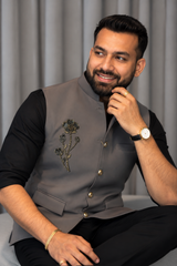Premium Grey Flower Nehru Koti For Men