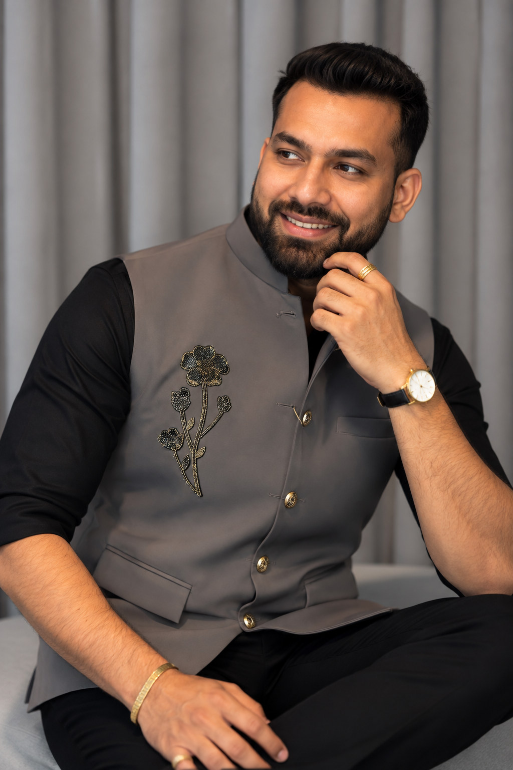 Premium Grey Flower Nehru Koti For Men