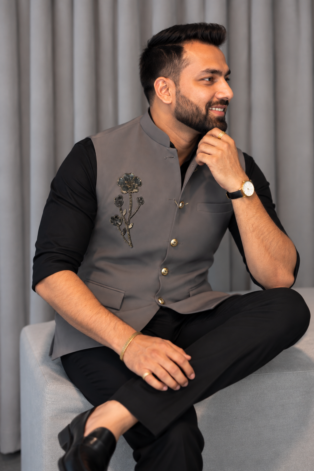 Premium Grey Flower Nehru Koti For Men
