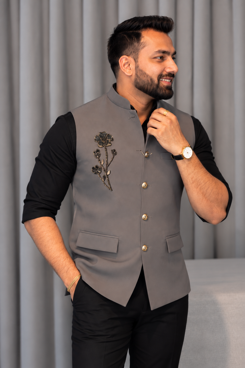 Premium Grey Flower Nehru Koti For Men