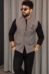 Premium Grey Embroidered Nehru Koti for Men
