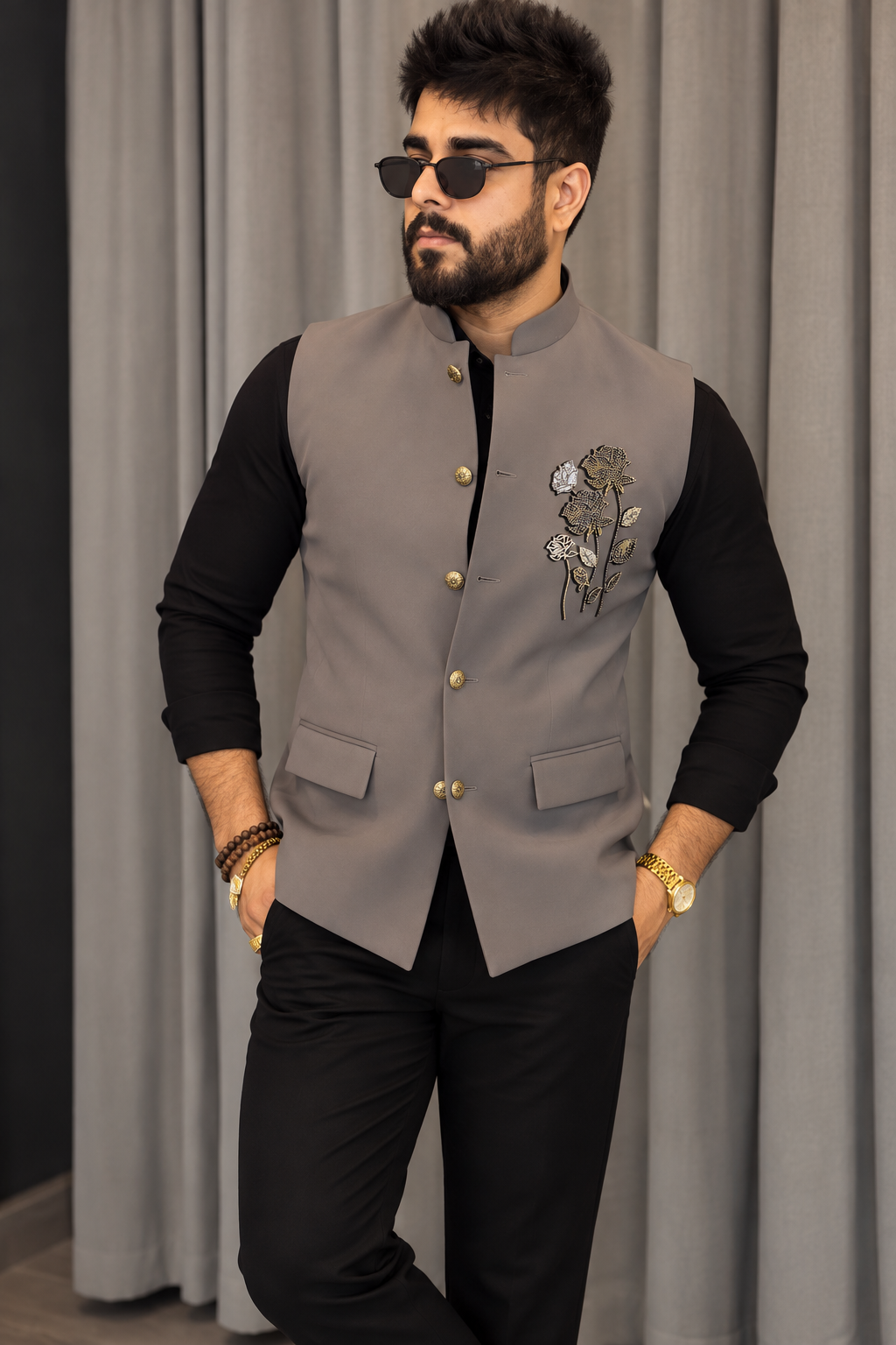 Premium Grey Embroidered Nehru Koti for Men