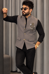 Premium Grey Embroidered Nehru Koti for Men