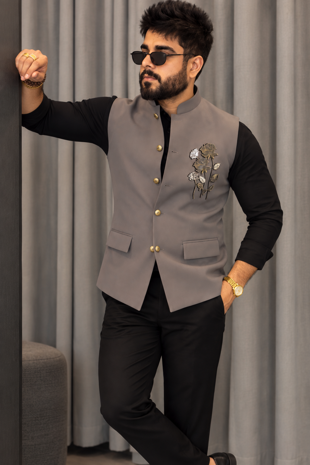 Premium Grey Embroidered Nehru Koti for Men