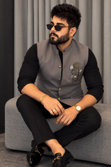 Premium Grey Embroidered Nehru Koti for Men