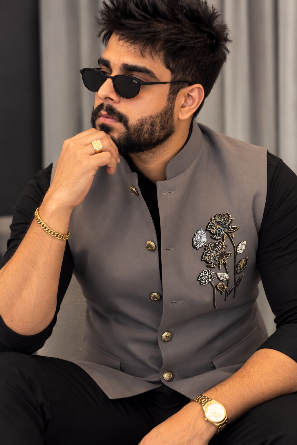 Premium Grey Embroidered Nehru Koti for Men