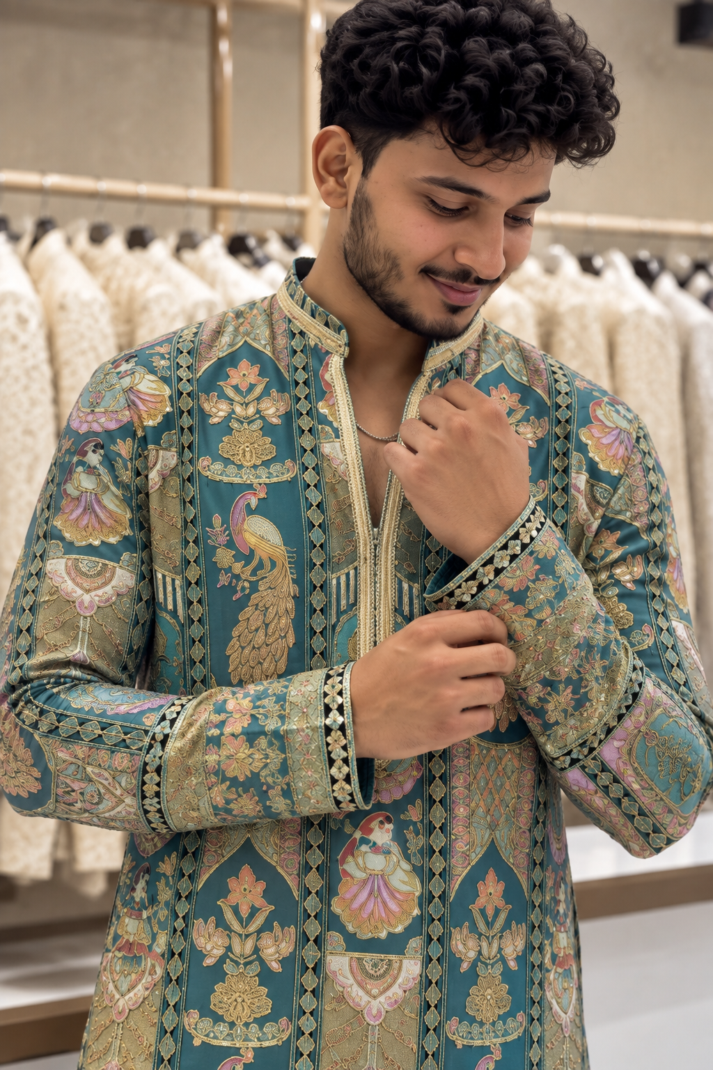 Men's Premium Rama Peacock Print Designer Kurta