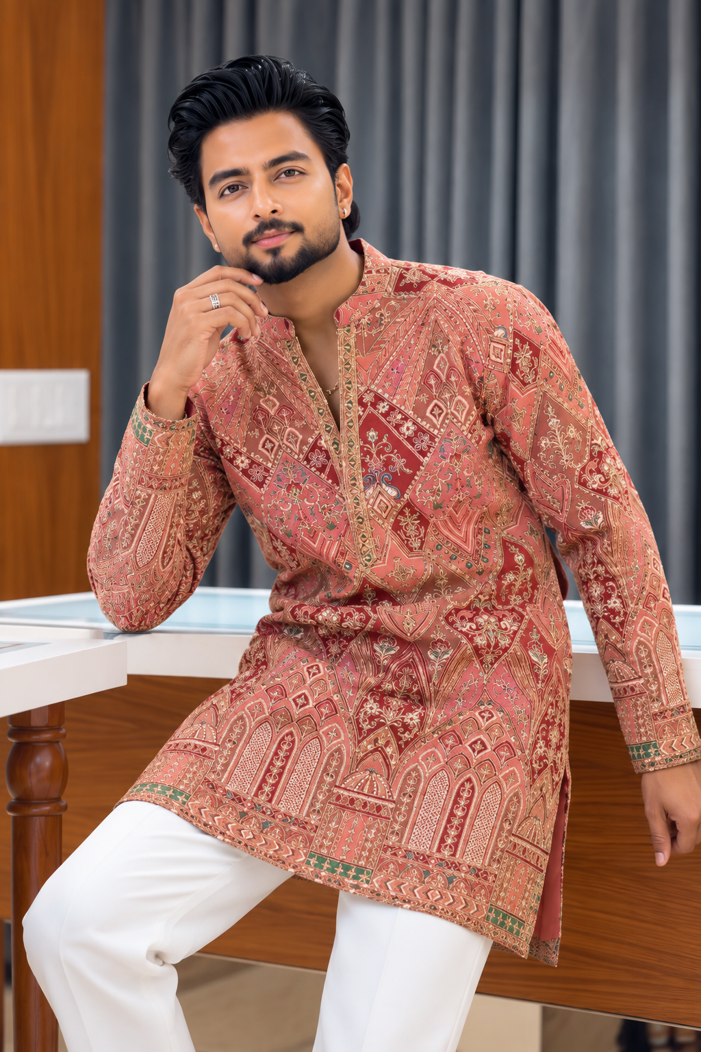 Premium Rose Pink Embroidered Kurta Pant Set for Men