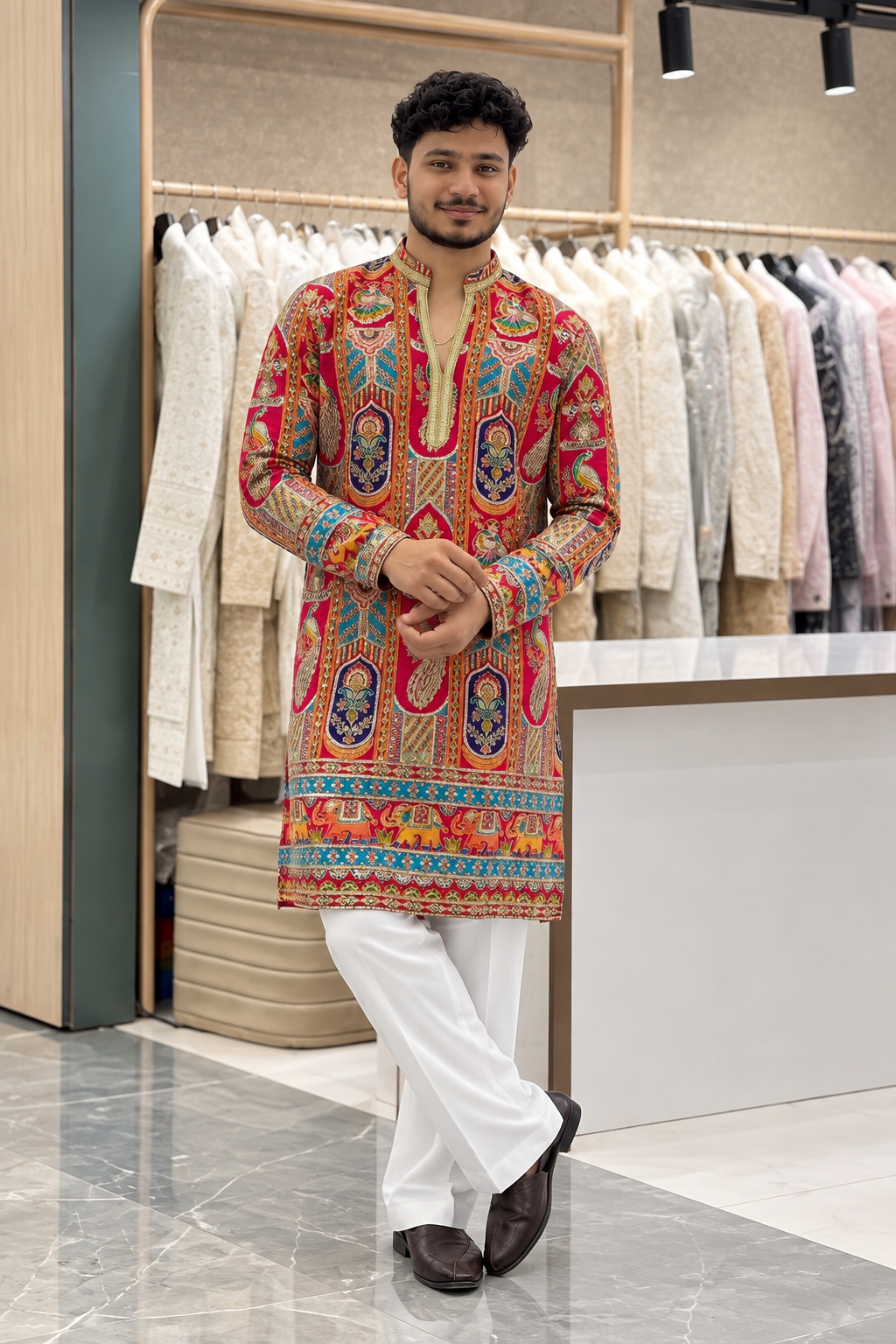 Men's Premium Red Peacock Print Designer Kurta Only